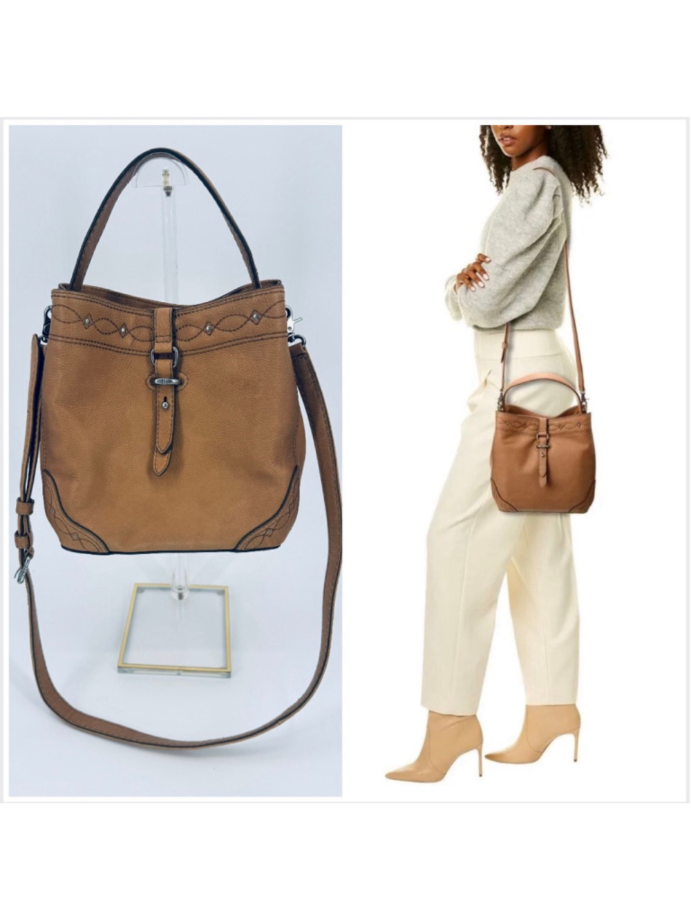 Frye Pipa Woodstock Bucket Bag Tan Leather Shoulder Crossbody Satchel